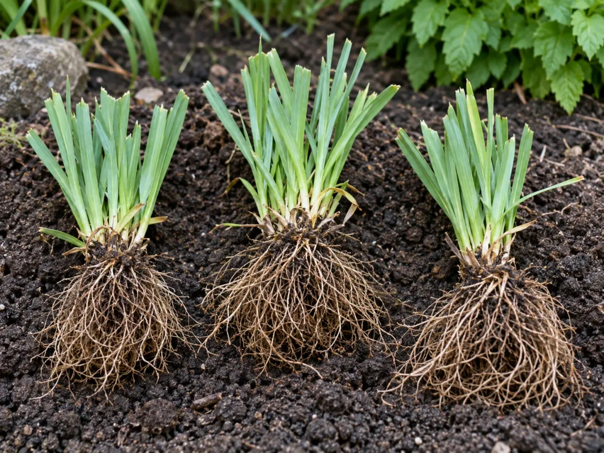Three Siberian iris divisions with trimmed leaf fans and dense fibrous roots
