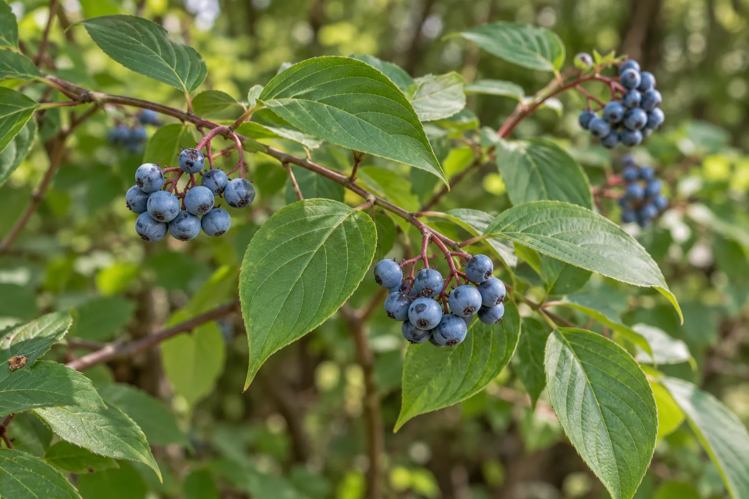 Clusters of blue-gray silky dogwood drupes among opposite veined leaves