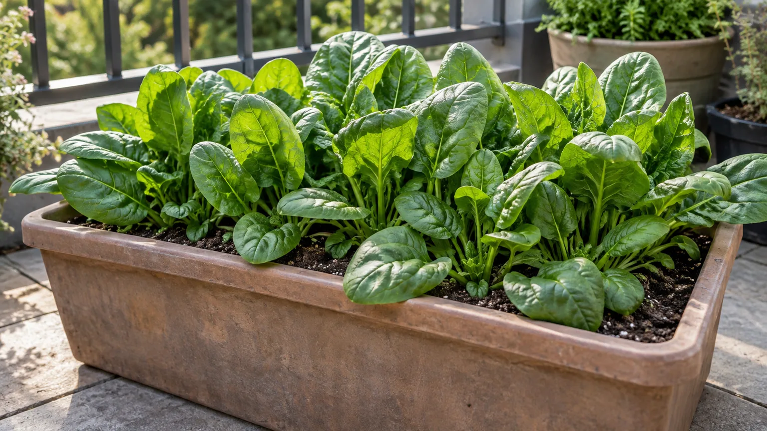 Healthy spinach growing densely in a wide patio planter