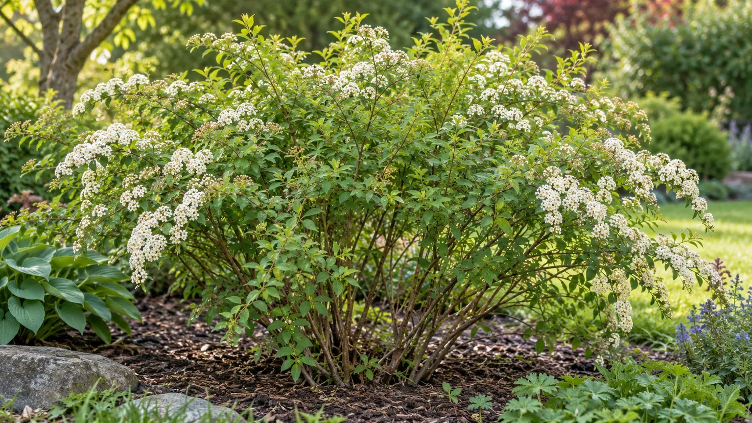 White flowers along the arching stems of a mature spring-flowering spirea