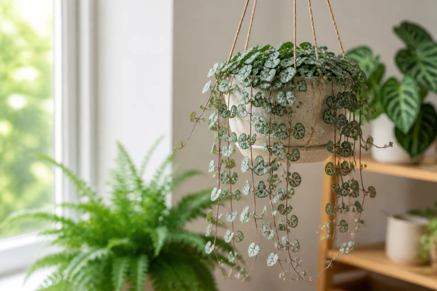 String of hearts trailing vine with silver-marbled heart-shaped leaves in a bright indoor setting