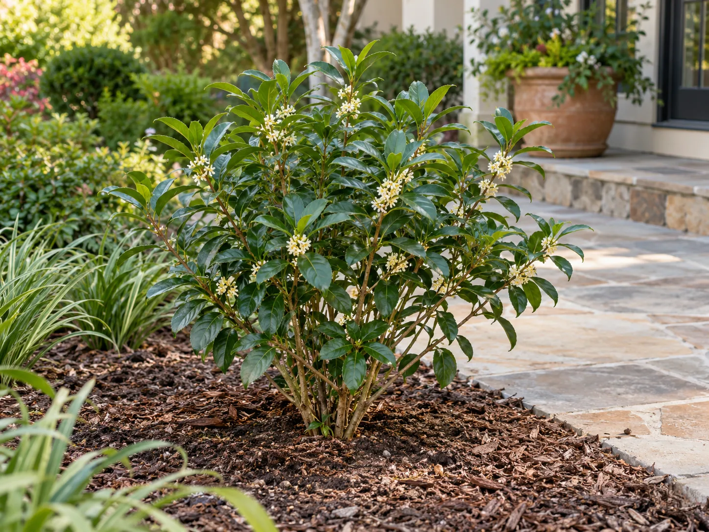 A young tea olive shrub planted in a garden bed beside a patio, with mulch kept clear of its stems