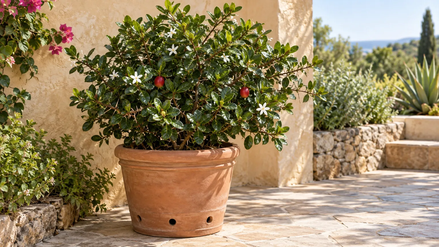 Compact Natal plum growing in a well-drained pot on a sunny patio