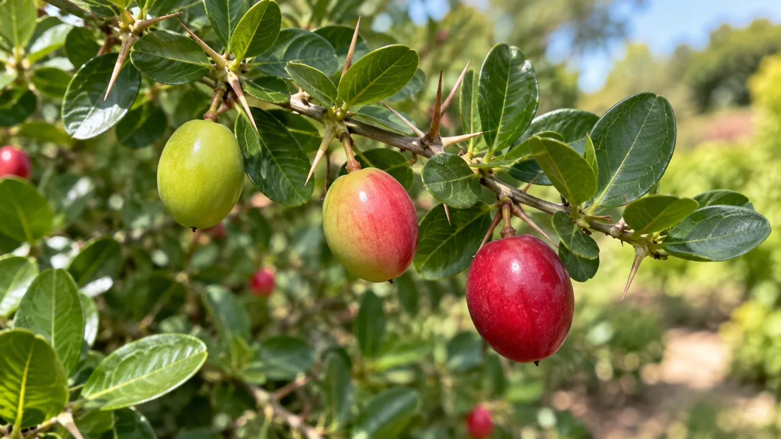 Natal plum fruits at green, red, and deep-crimson stages on a leafy, spiny branch
