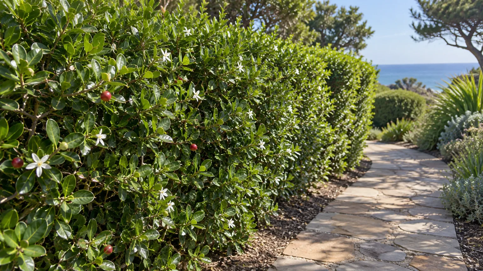 Natal plum used as a dense outdoor hedge set back from a garden path