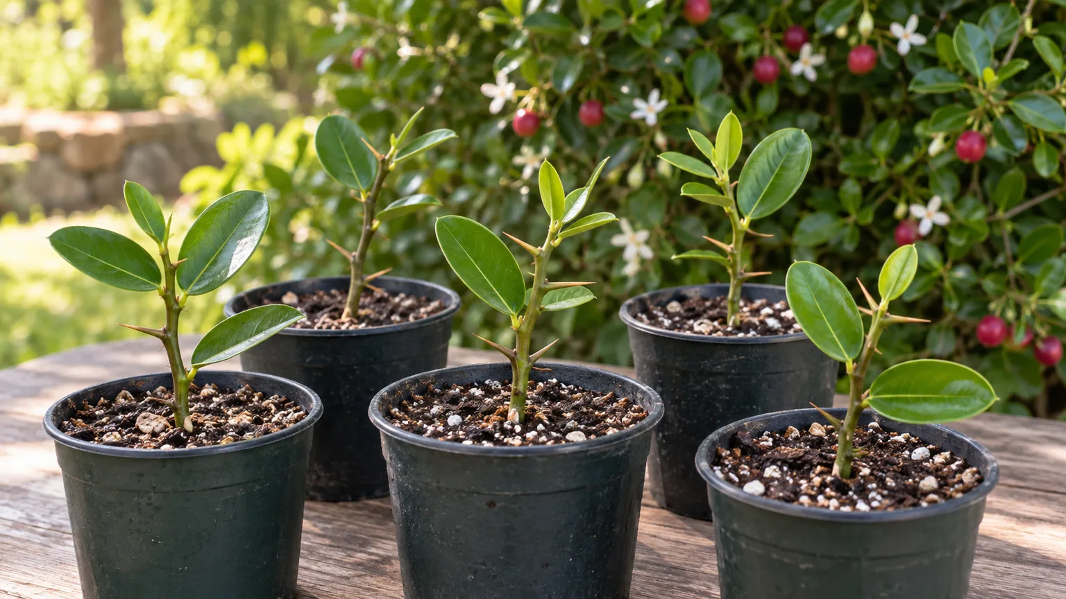 Semi-ripe Natal plum cuttings set into small, well-drained propagation pots