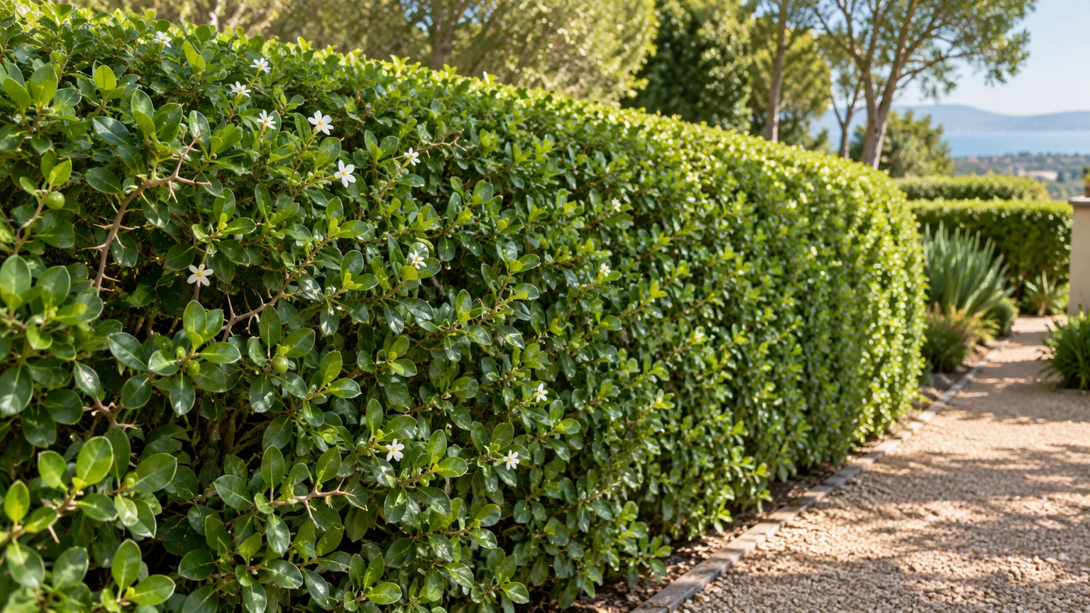 Natal plum hedge shaped with a broad base and a narrower top, away from a path