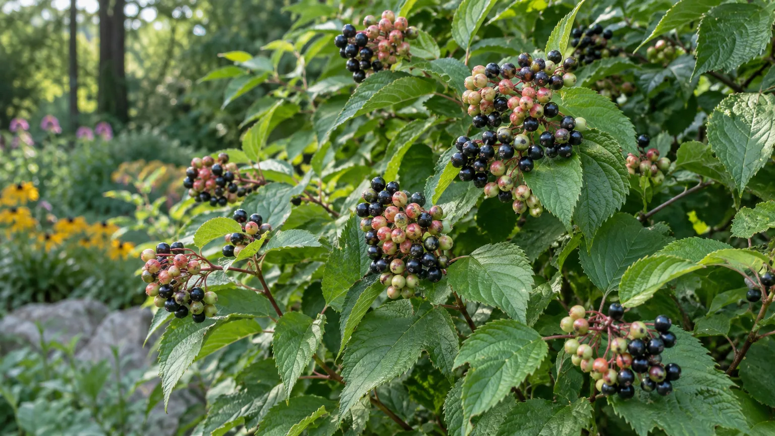 Clusters of green, pink, and blue-black arrowwood viburnum drupes on a leafy branch
