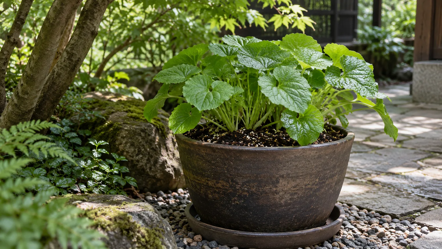 Healthy wasabi plant growing in a deep, well-drained container in a cool shaded patio