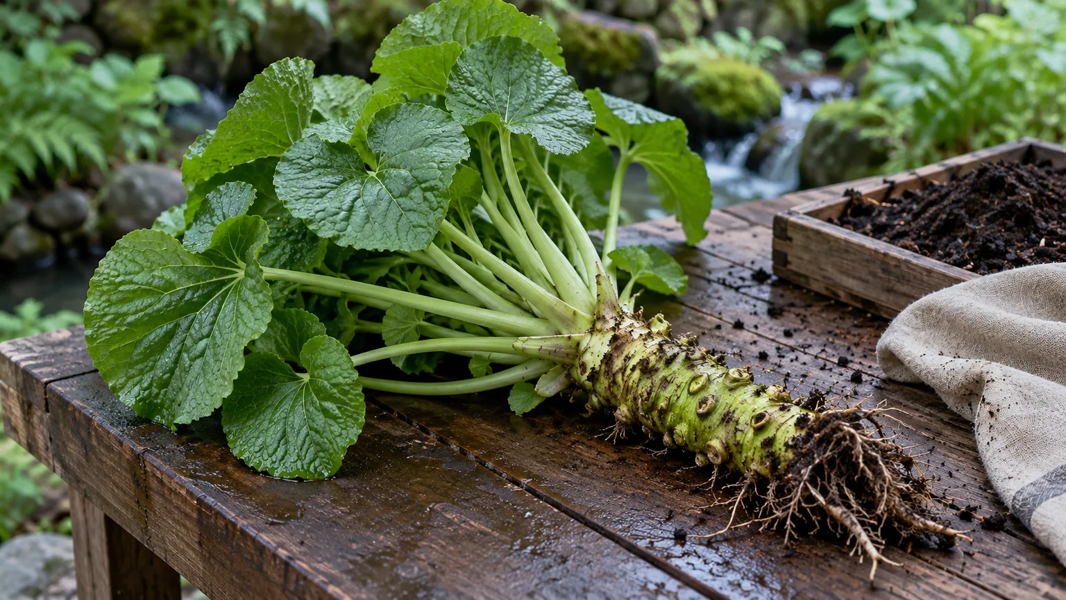 Freshly harvested wasabi plant with its rhizome and leafy crown on a shaded garden bench