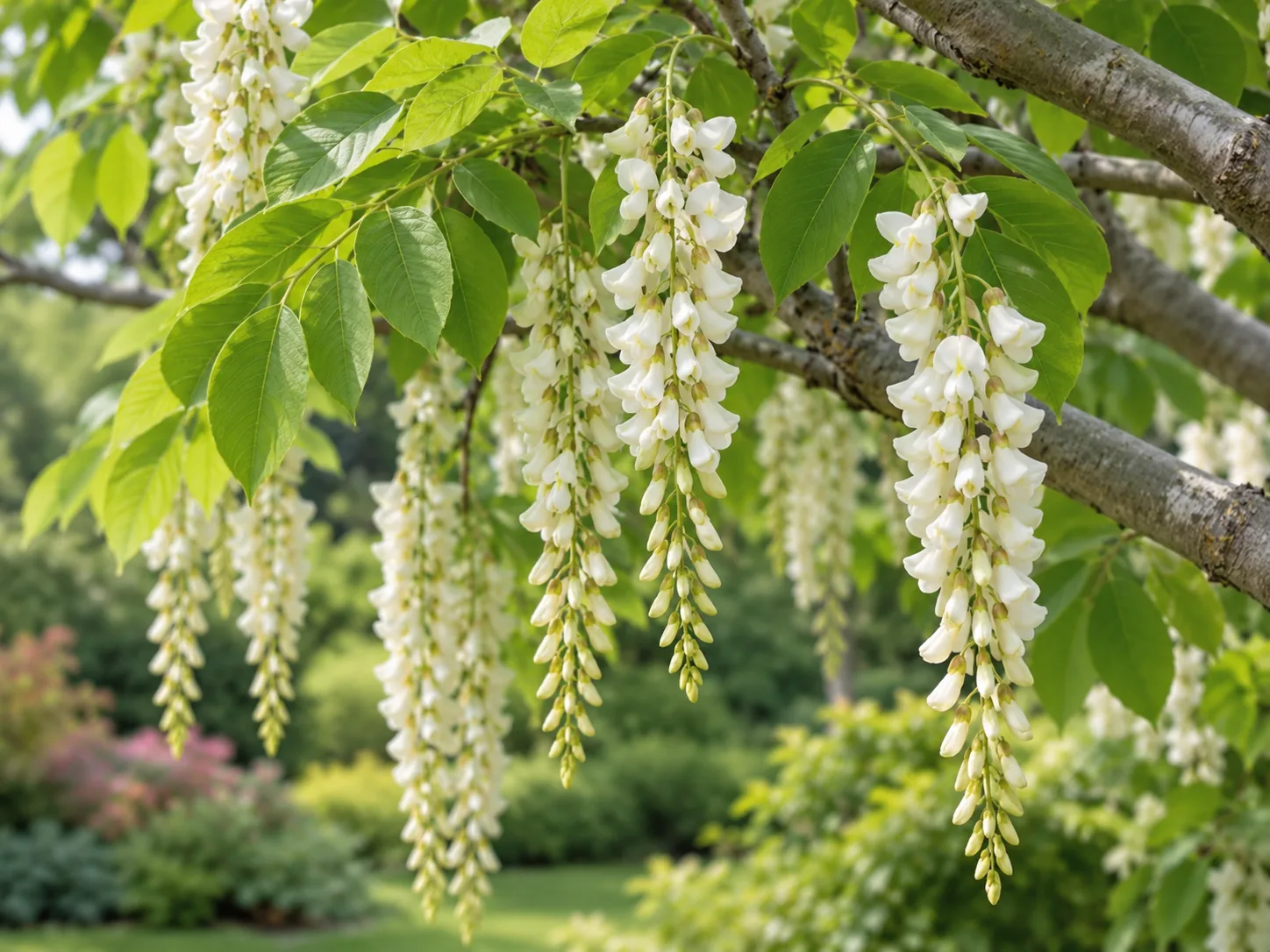 Pendulous white yellowwood flowers and compound leaves in late spring