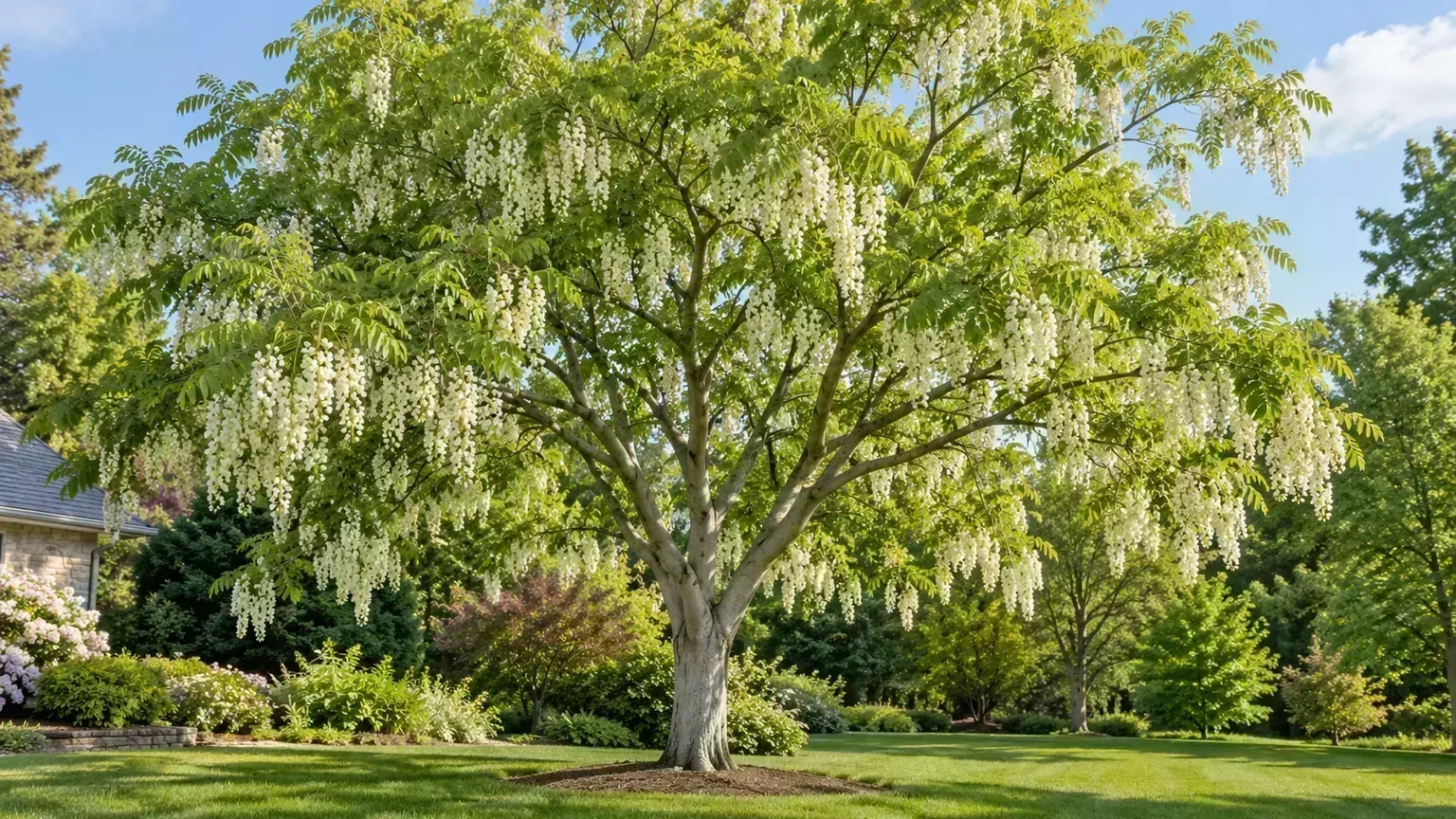 Mature American yellowwood with white spring flower clusters in a garden setting