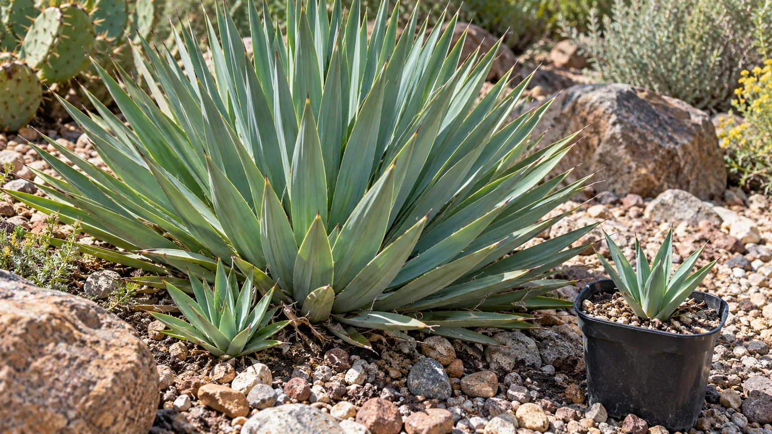 Mature banana yucca with rooted offsets and a young division growing in a gritty nursery pot