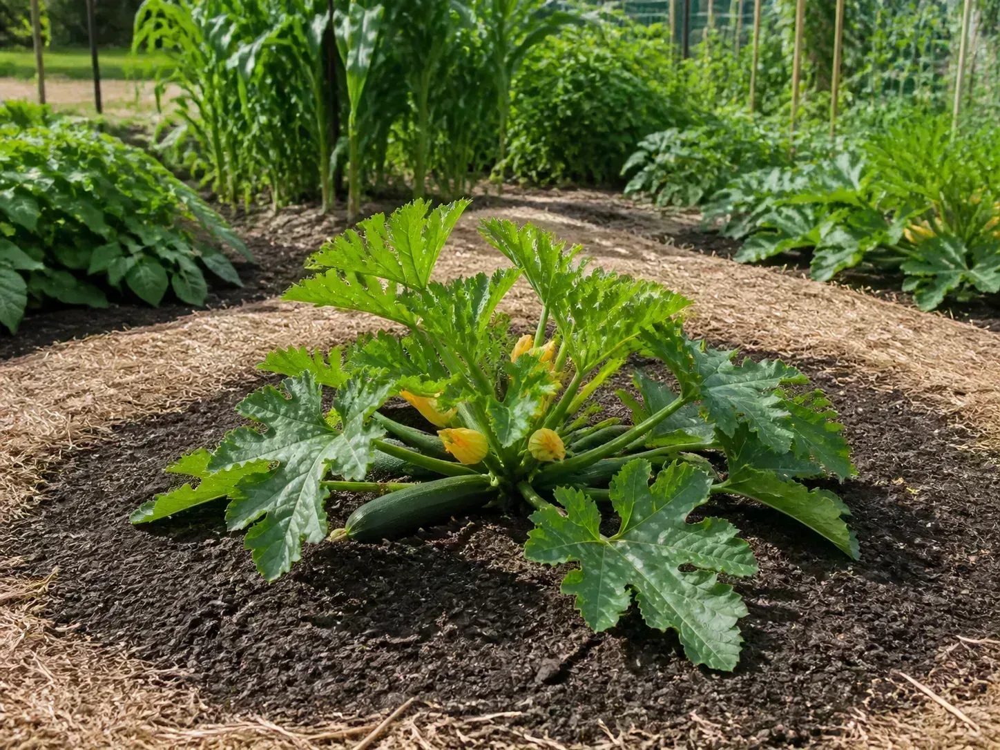 A summer squash plant growing in a mulched garden bed with room to spread