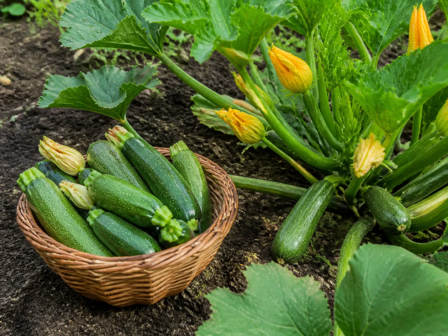 A basket of freshly harvested zucchini beside a productive summer squash plant