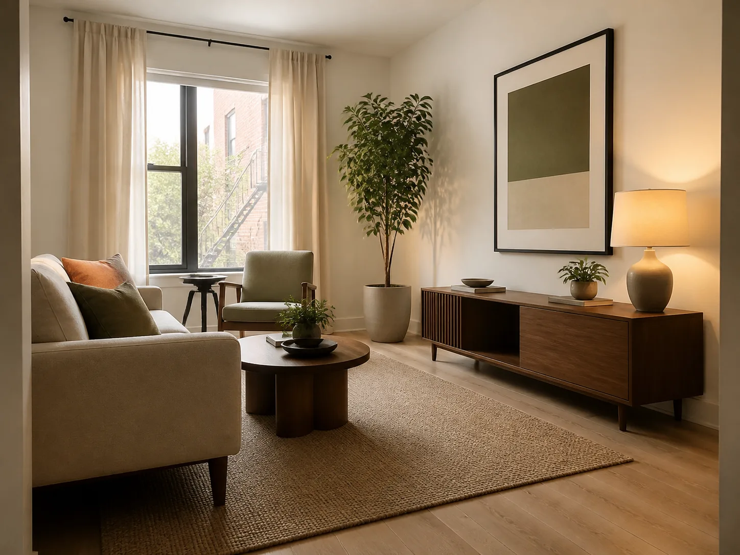 Living room with a large framed abstract artwork above a wood media console.