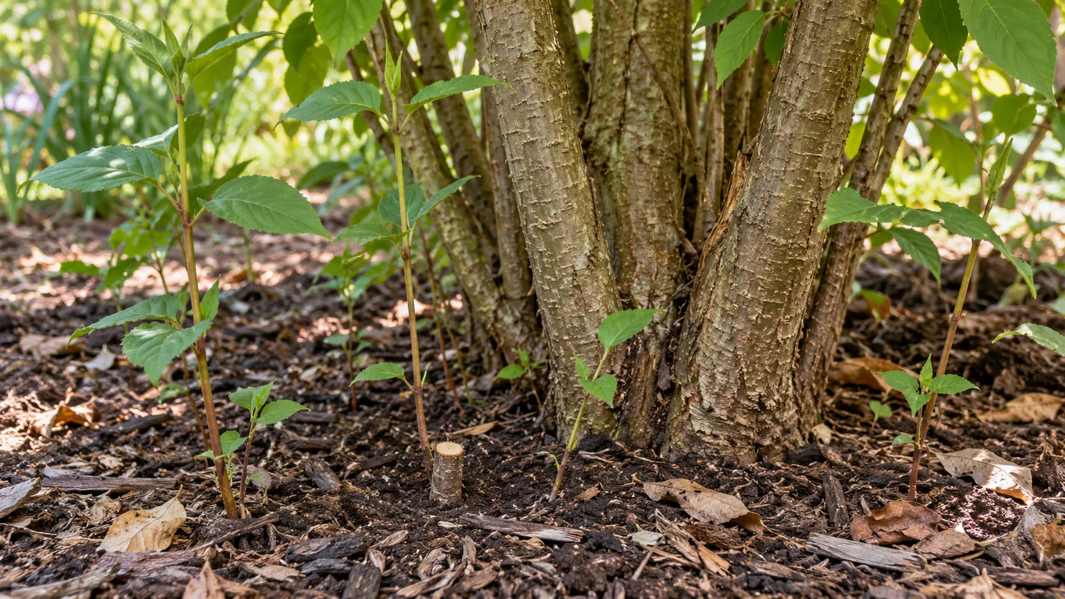 Root suckers emerging from the soil around the base of an established harlequin glorybower