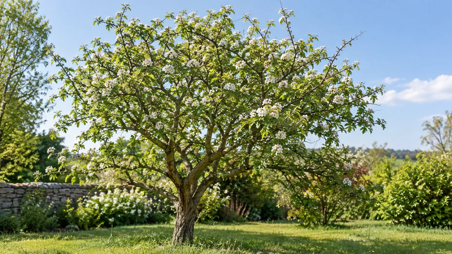 Carefully shaped hawthorn branches with clear space through the crown and no topping cuts