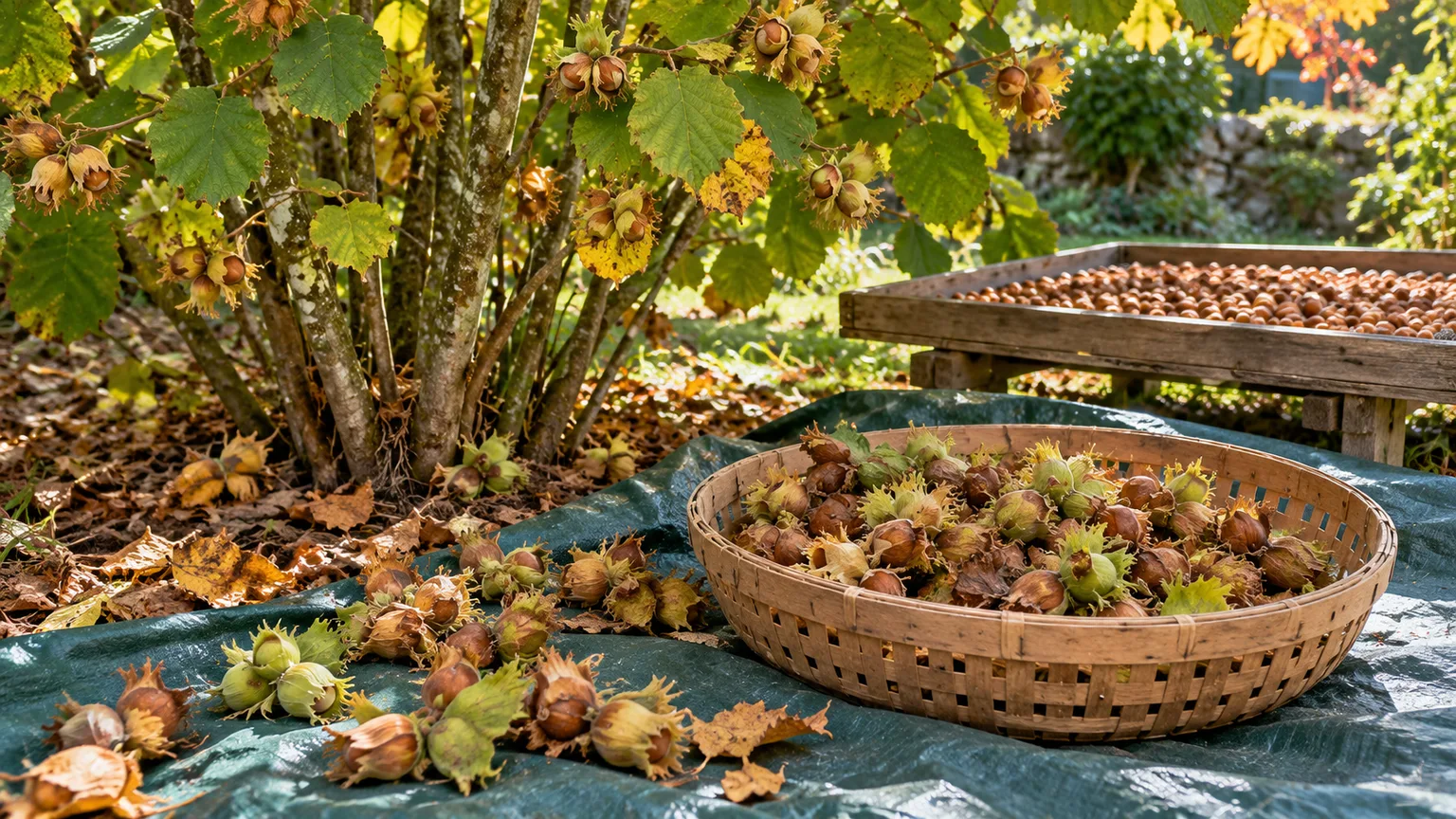 Ripe hazelnuts in papery husks collected beneath a multi-stem shrub with a ventilated basket and a shaded drying tray
