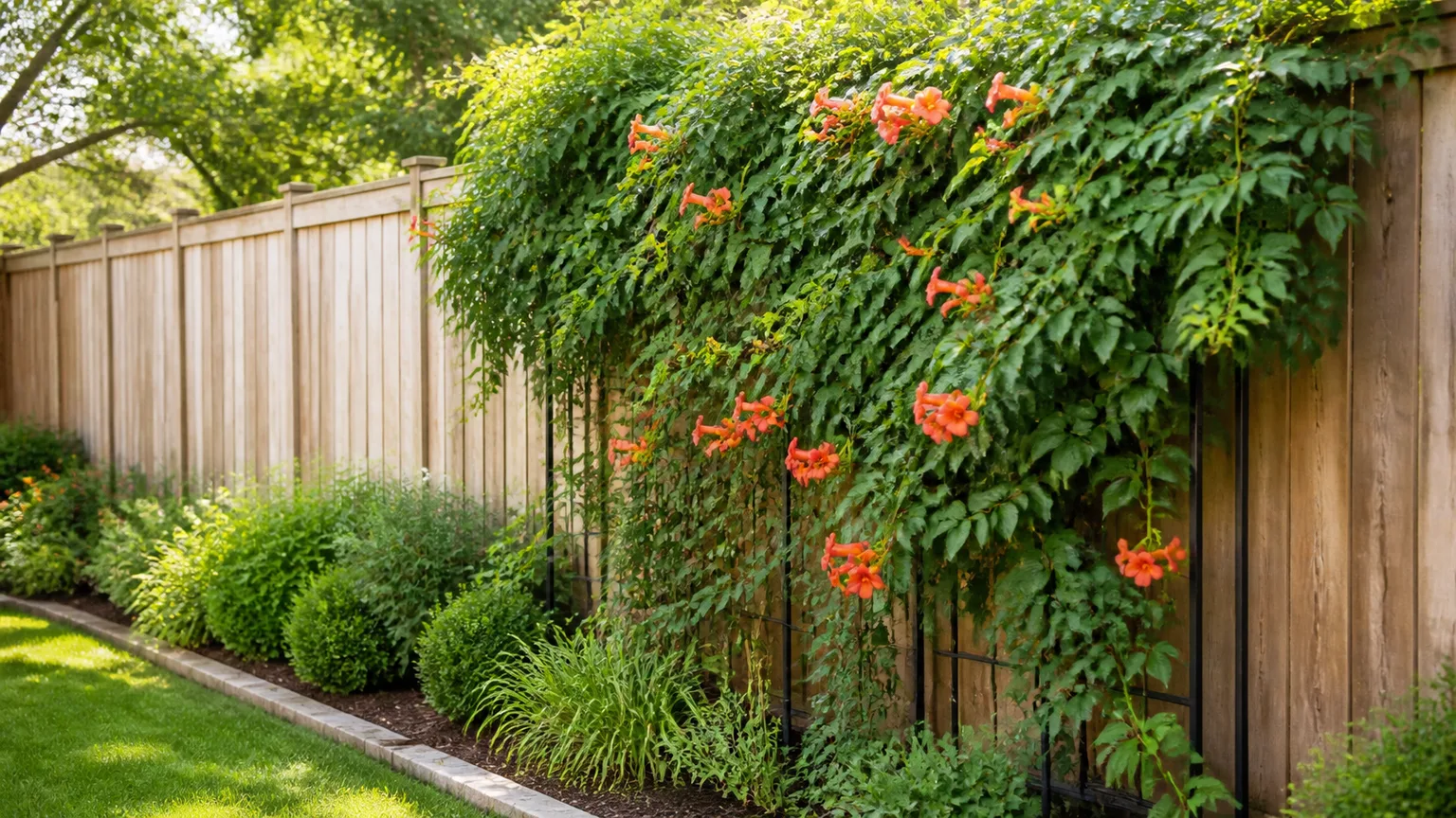 Flowering trumpet vines trained on a backyard fence trellis in a sunny garden
