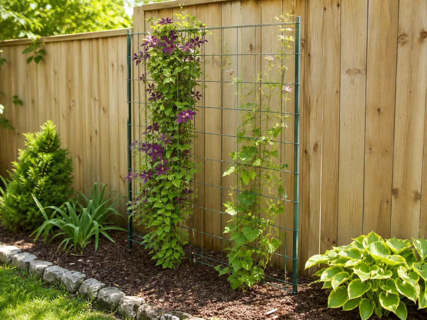 A fence trellis covered with flowering vines shows how vertical planting can add privacy without using much ground space.