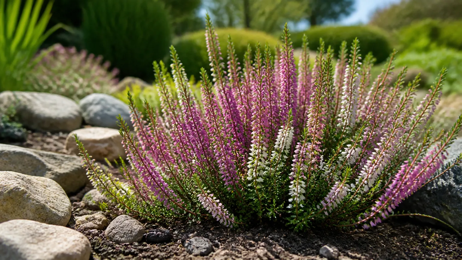 Flowering Calluna vulgaris heather growing in a sunny rocky garden bed