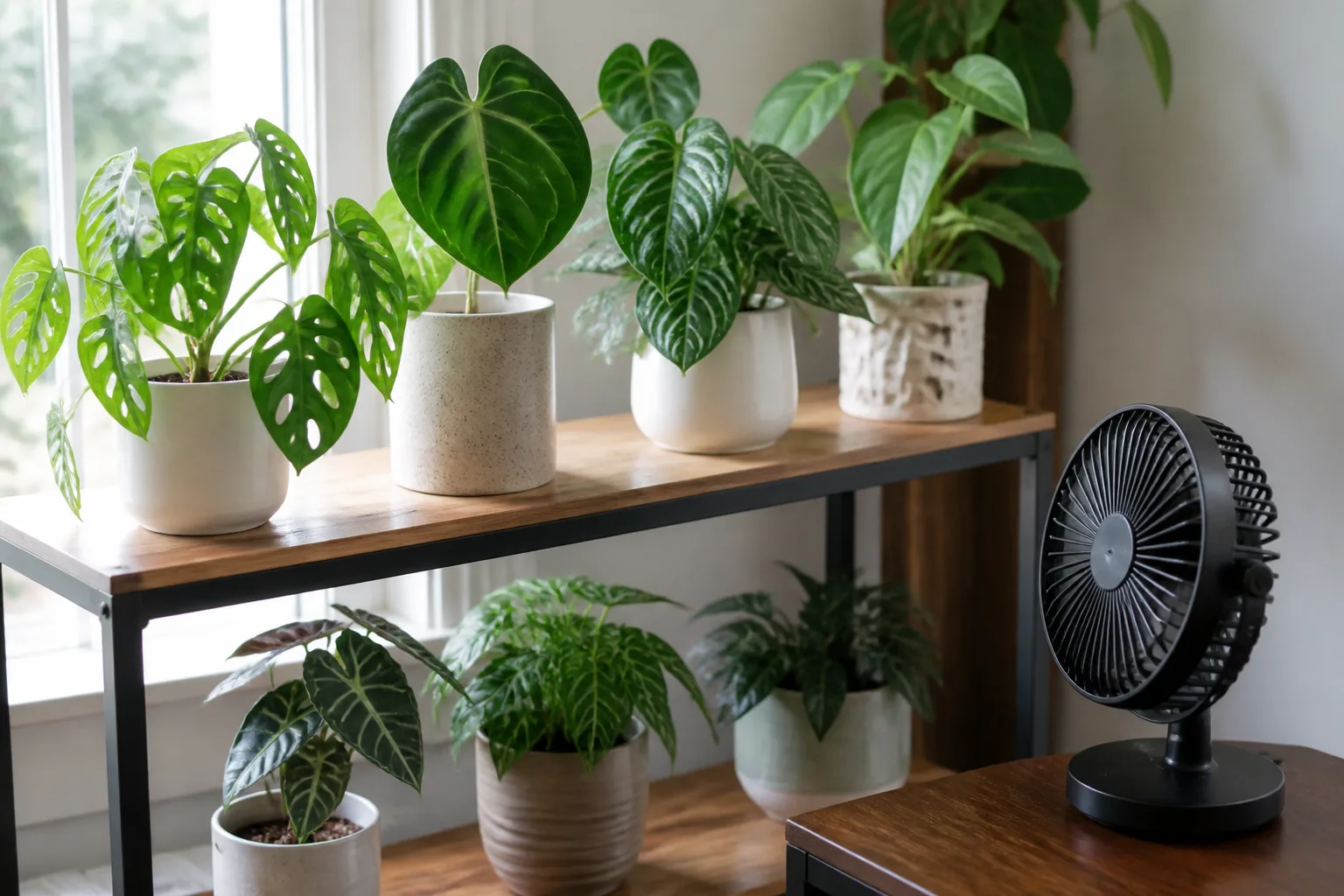 Potted houseplants spaced on an open shelf beside a small fan for gentle air circulation