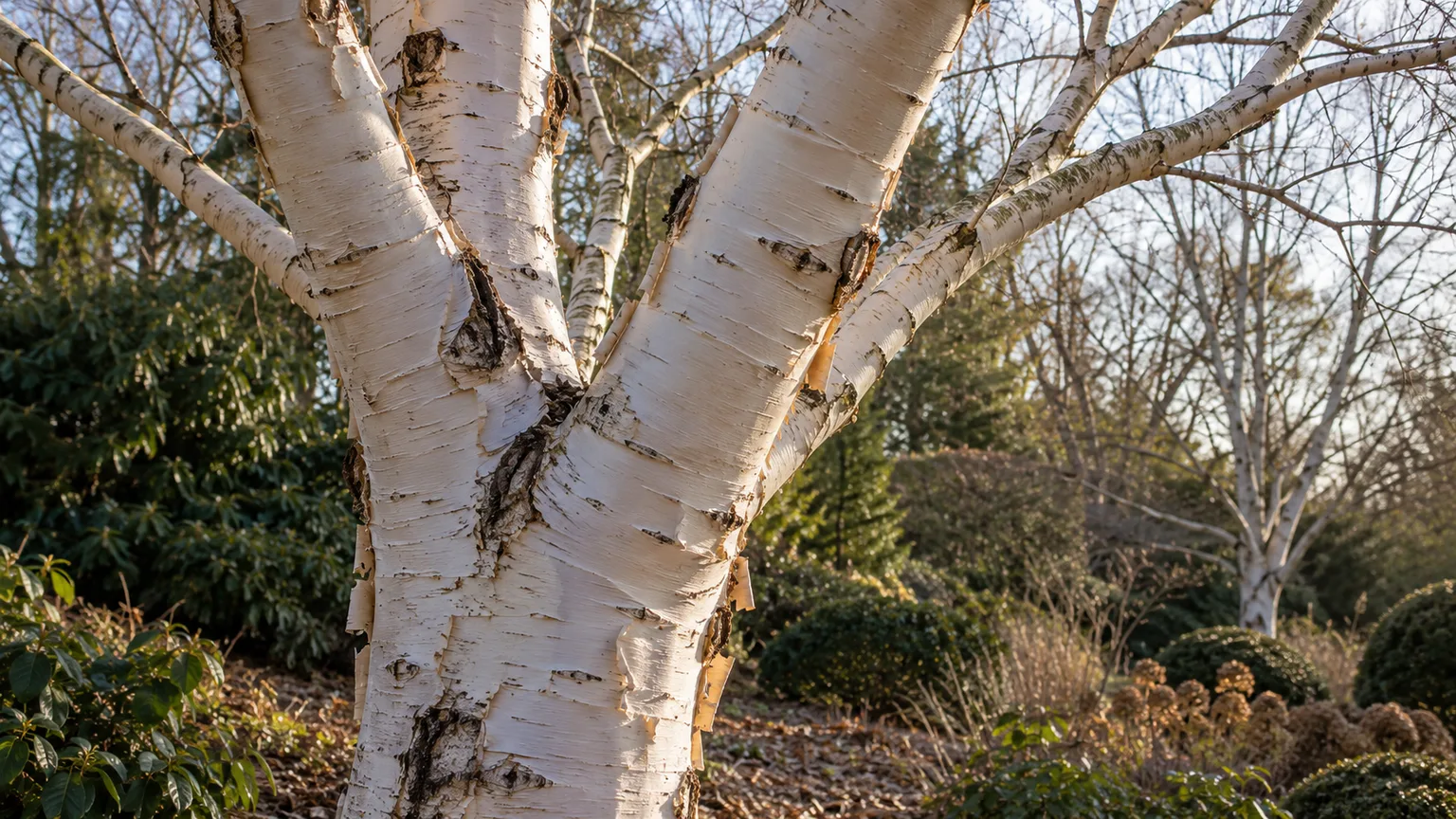 White bark and yellow leaves of a Himalayan birch in a temperate garden during autumn