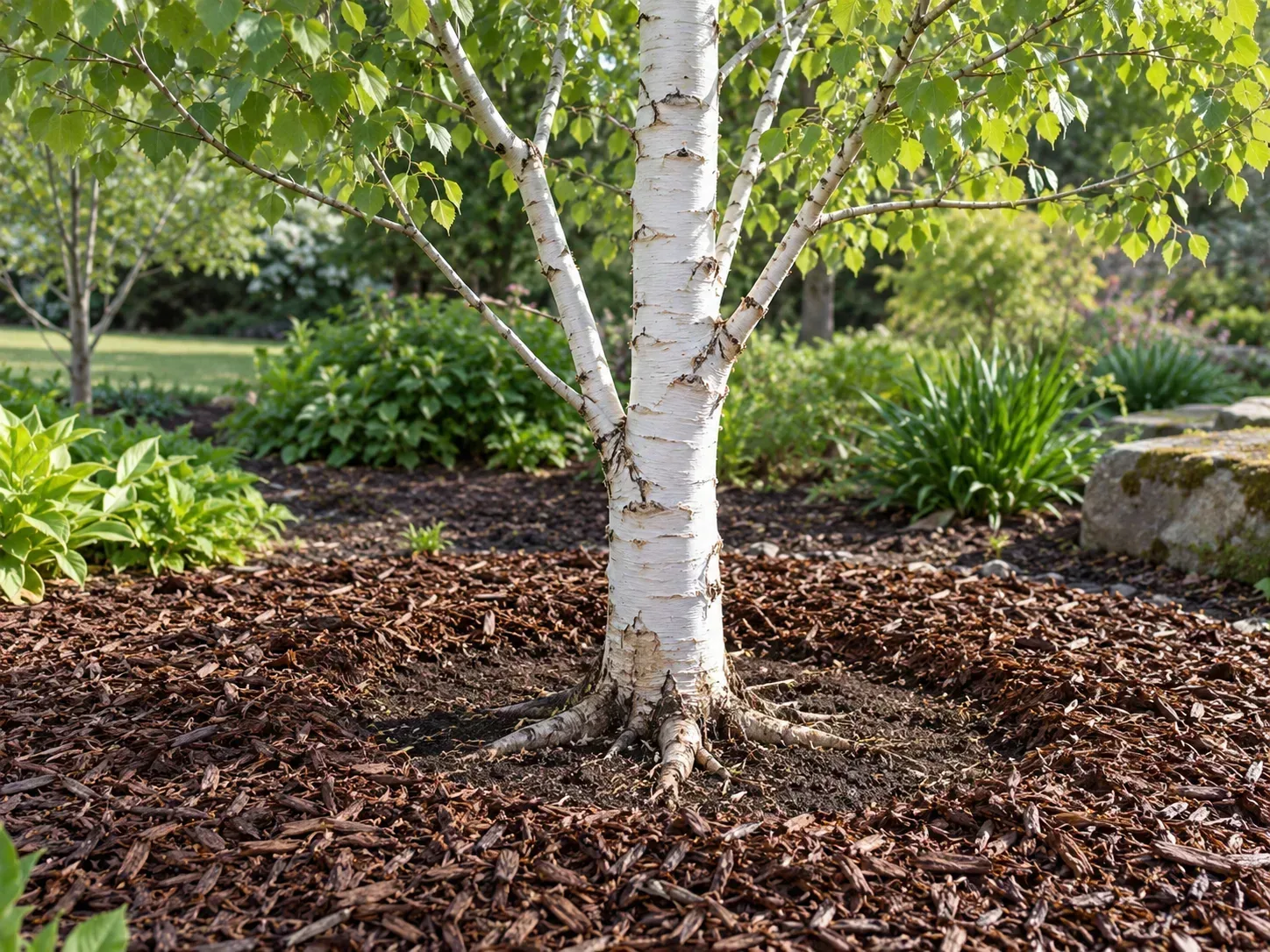 Planting a Himalayan birch with its root flare visible above a wide, shallow planting hole