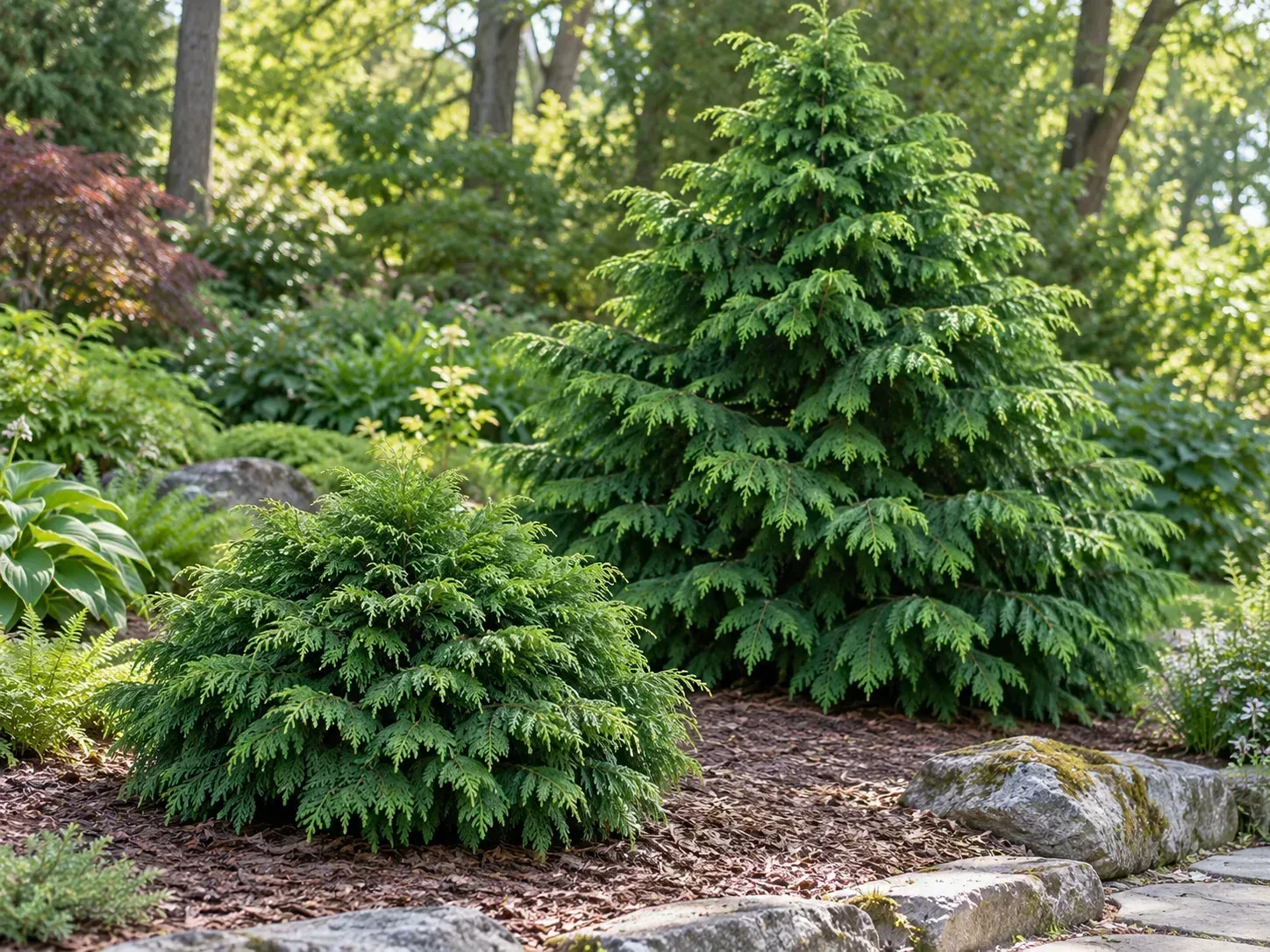 A compact dwarf Hinoki cypress beside a larger pyramidal cultivar, illustrating how much mature form can vary.