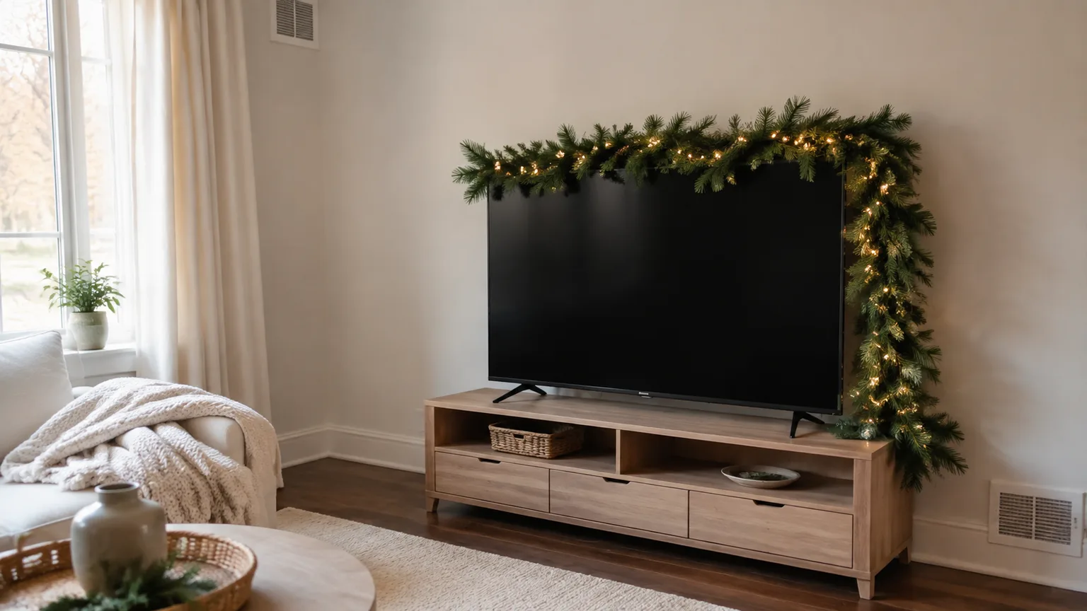Wall-mounted evergreen garland creating a festive Christmas tree alternative in a small living room
