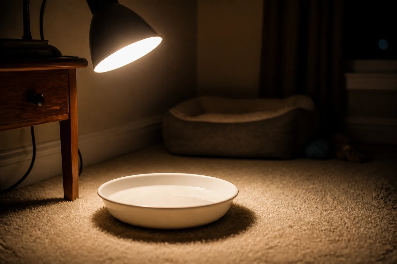 Desk lamp shining on a shallow bowl of soapy water flea trap on carpet beside a pet bed