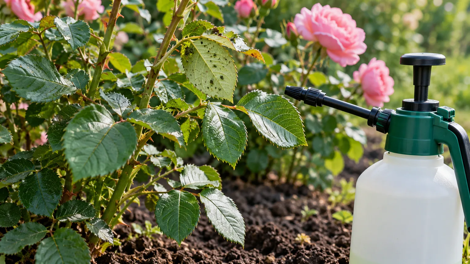 Unbranded pump sprayer positioned beside rose leaves, with the flowers left in the background