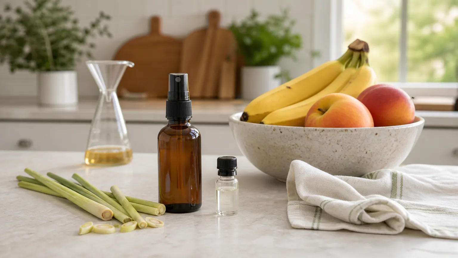 Apple cider vinegar trap, ripe fruit, and fly-control supplies on a bright kitchen counter