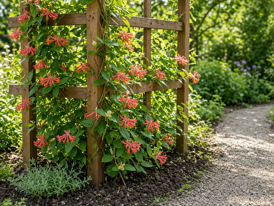 Coral honeysuckle twining through a wooden garden trellis