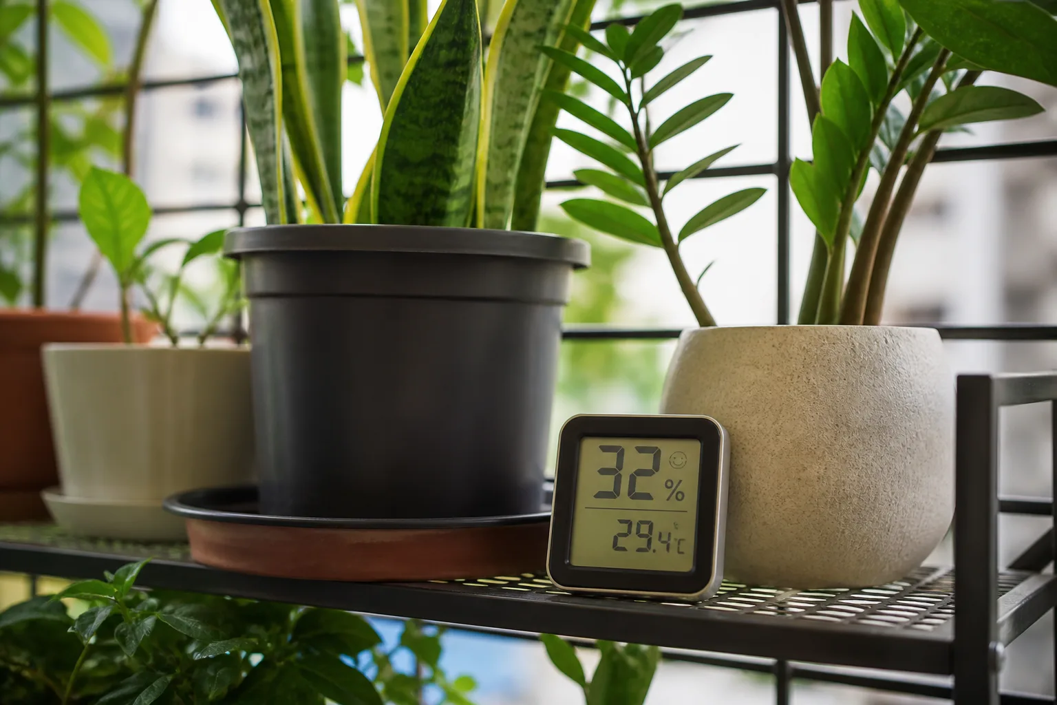 Hygrometer on a shelf showing dry heated winter air near houseplants