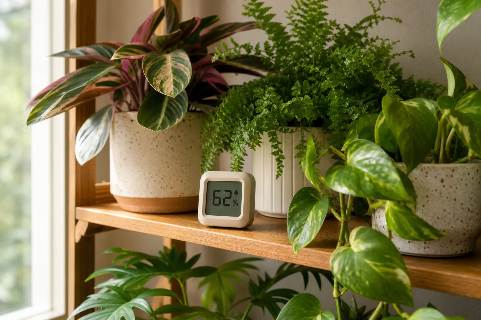Digital hygrometer on a grouped tropical plant shelf showing indoor humidity for houseplants