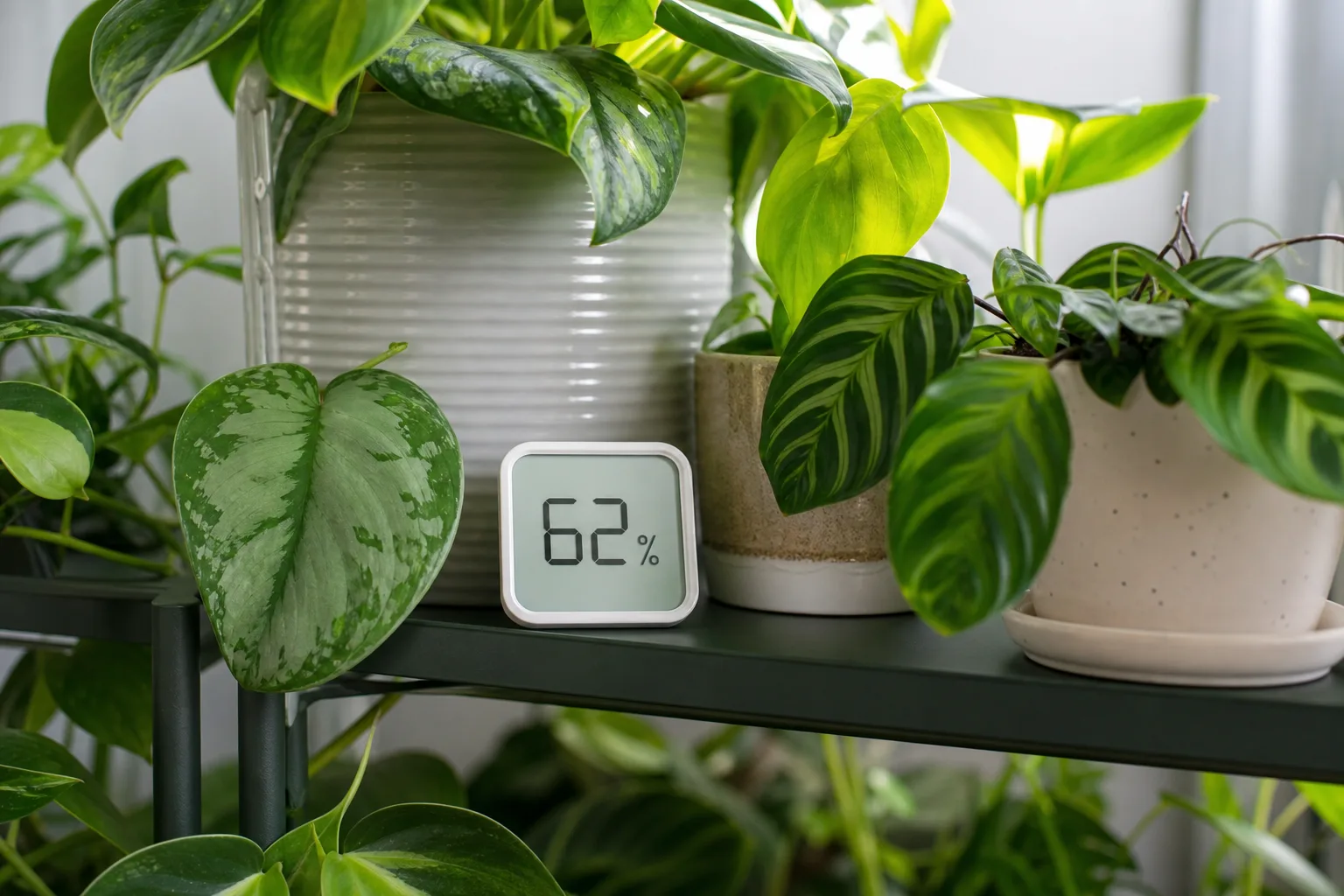Digital hygrometer used to measure humidity near houseplants in a heated winter room