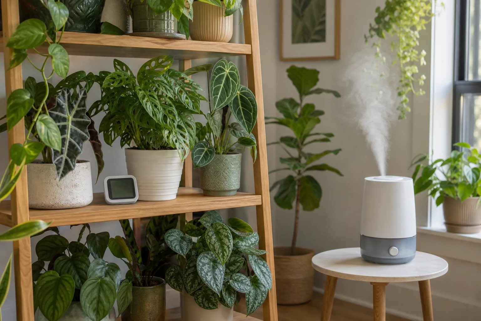 Vertical plant shelf with many potted houseplants and a humidifier in an apartment