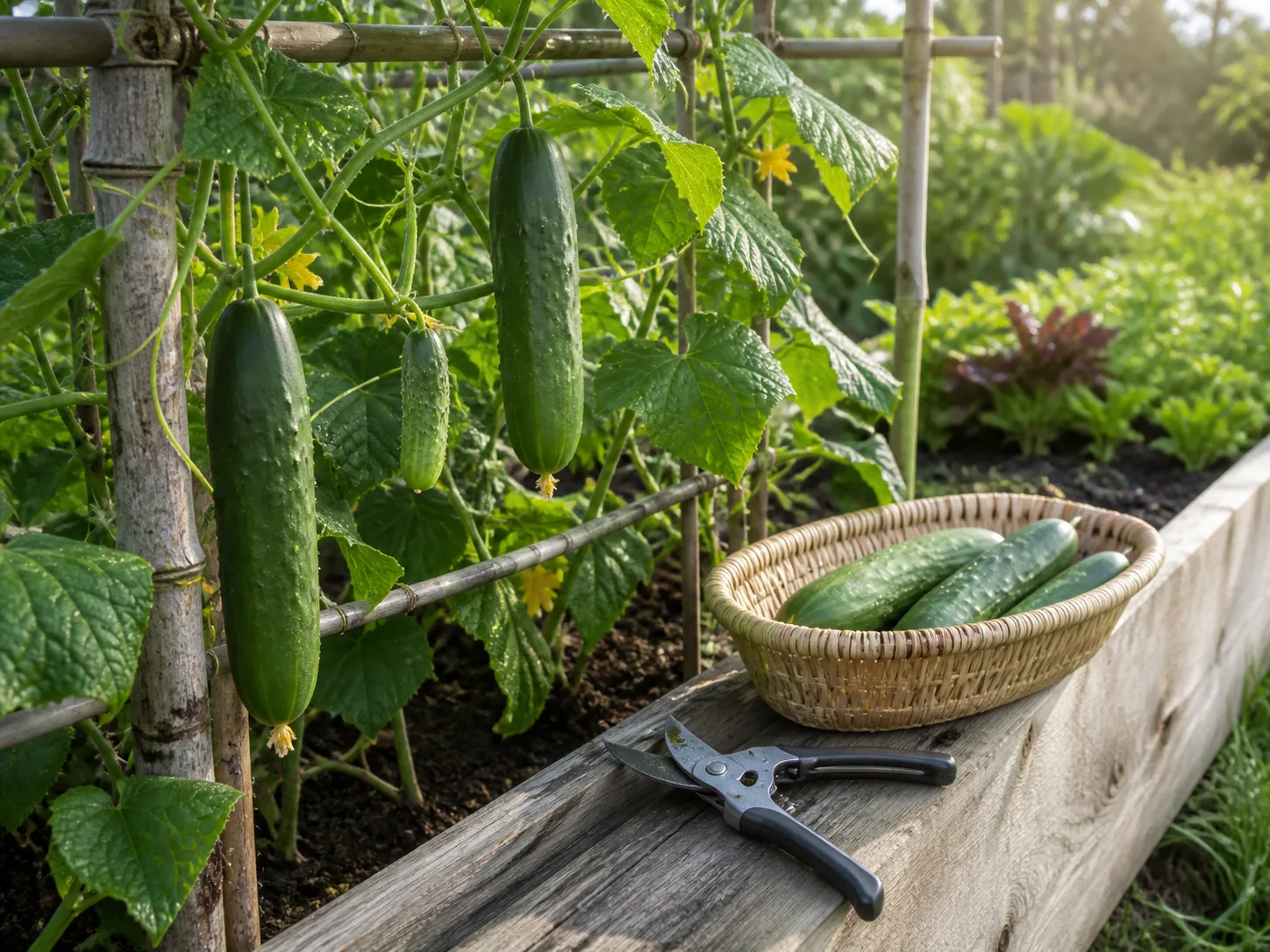 Harvest-ready cucumbers on a trellis beside a garden basket and clean pruning shears