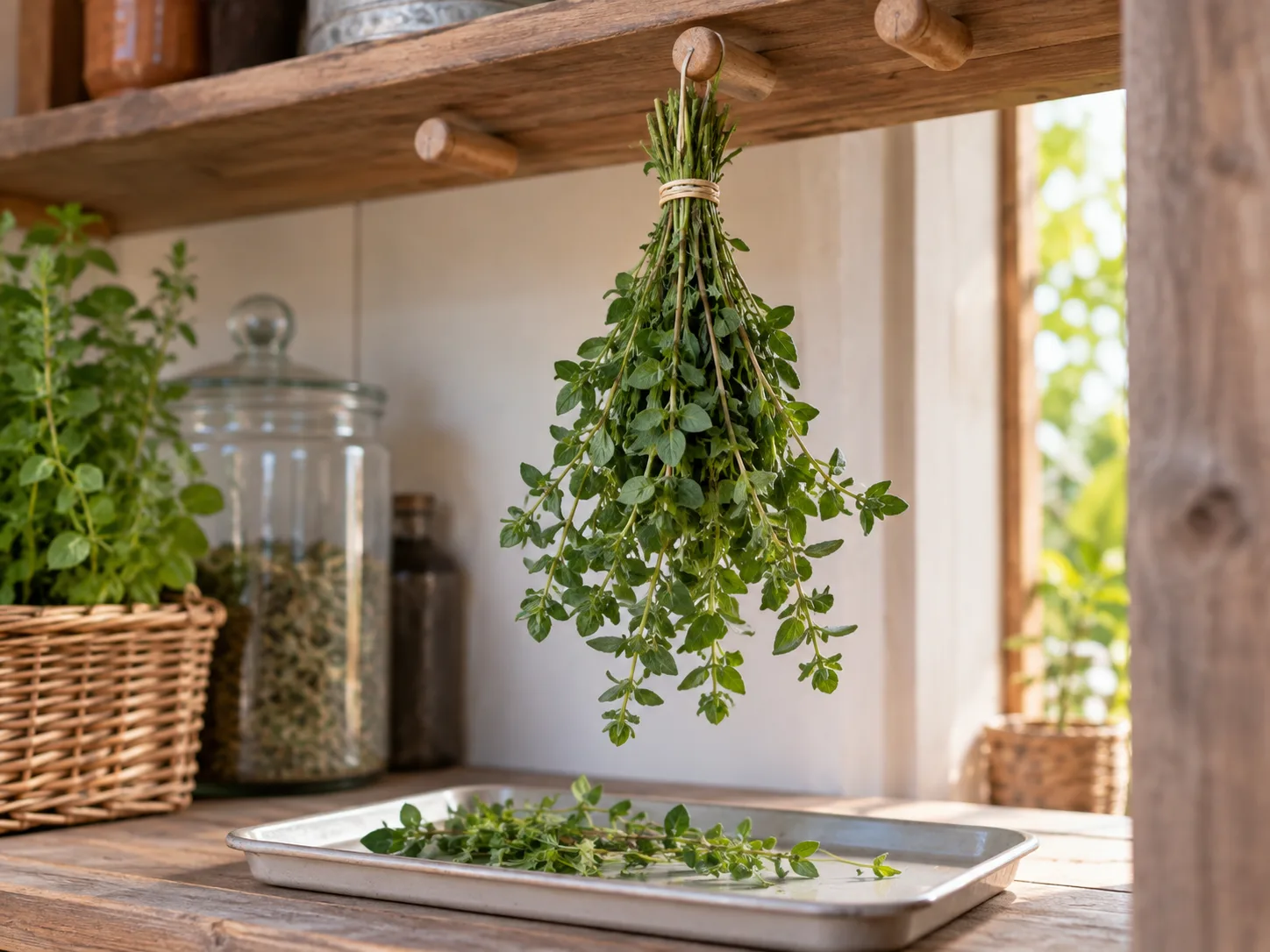 A small oregano bunch hangs above a tray, illustrating the value of keeping leaves and stems separated for airflow.