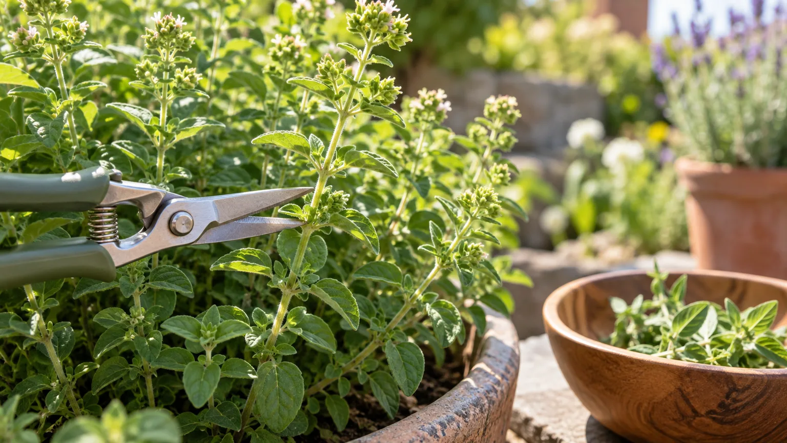 Clean garden shears clip leafy herb stems for repeated harvesting; cut only a few leaves from each burnet clump.