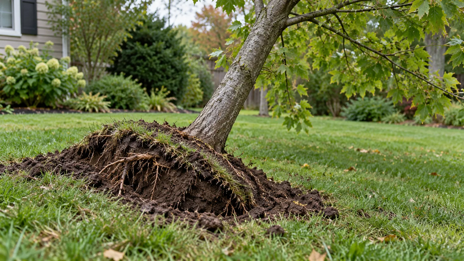 A leaning tree with lifted soil and exposed roots after wind