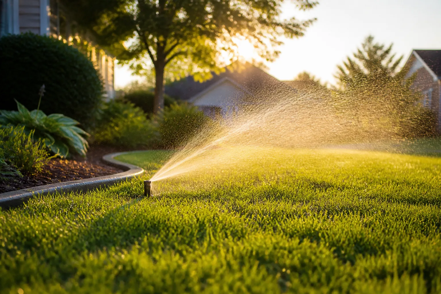 Early-morning sprinkler watering a residential lawn while keeping water on the grass