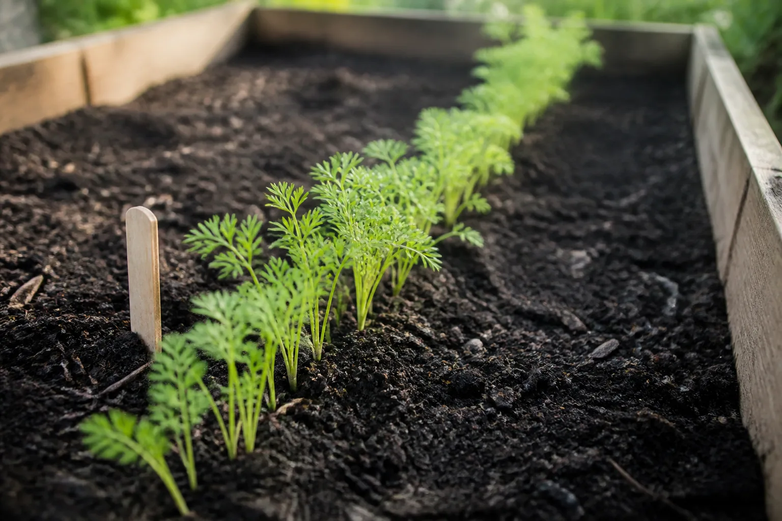 Feathery carrot seedlings in a straight garden row after direct sowing