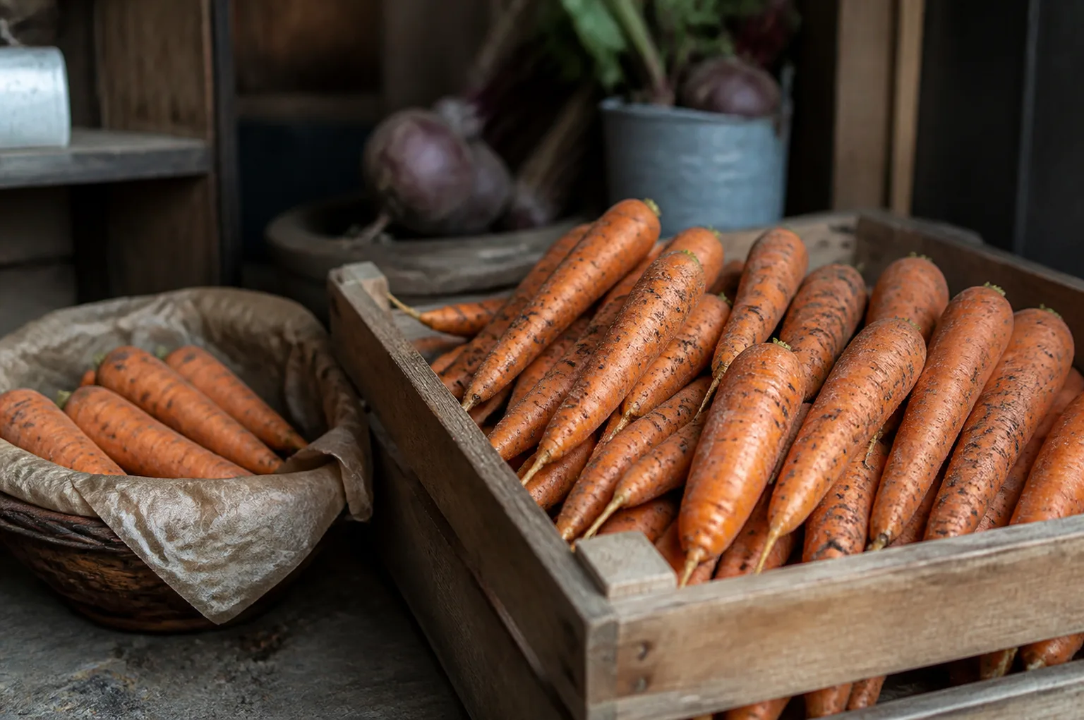 Soil-dusted carrots gathered in a wooden crate for cool-season storage