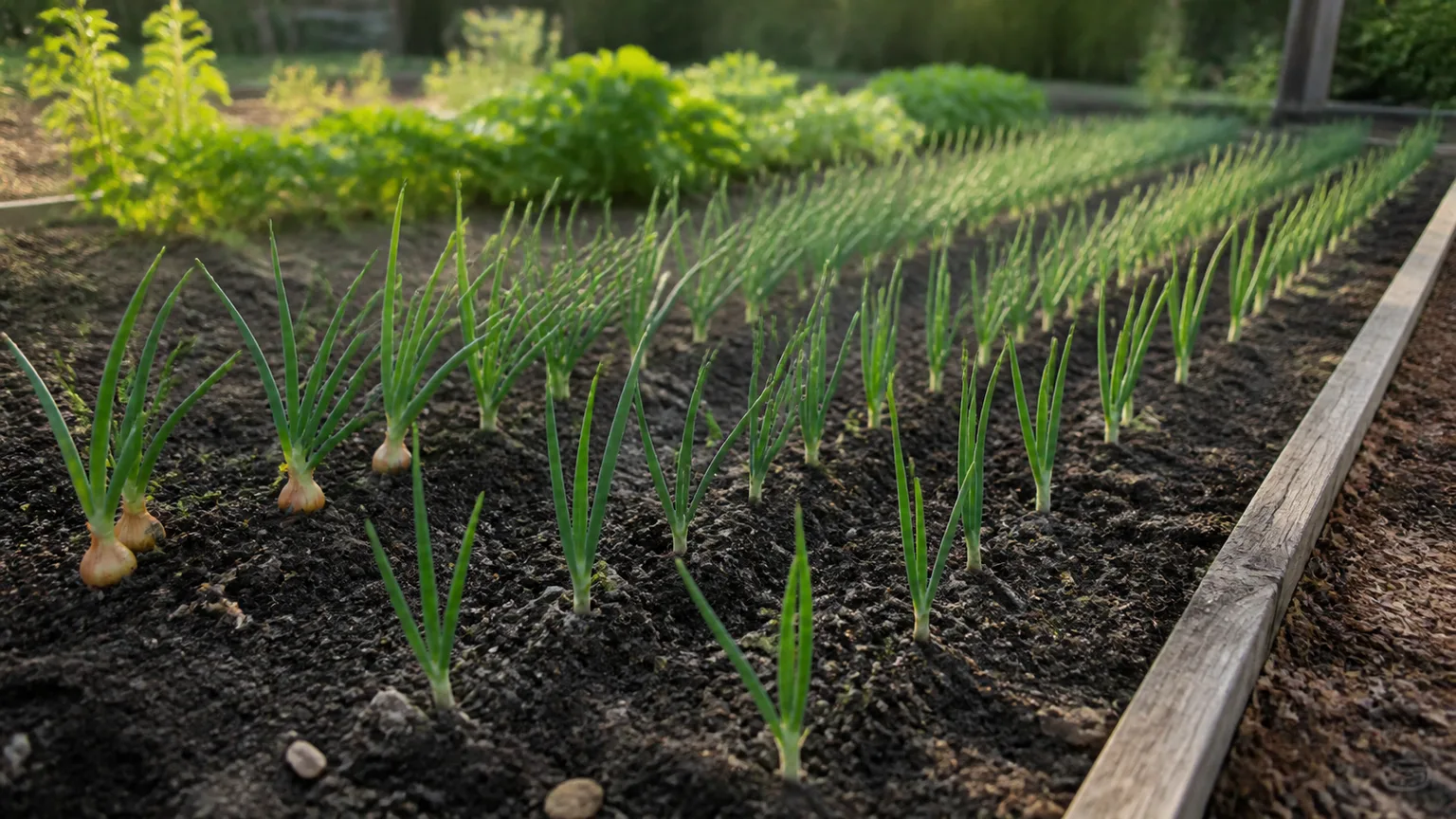 Rows of green onions growing in a sunny garden bed