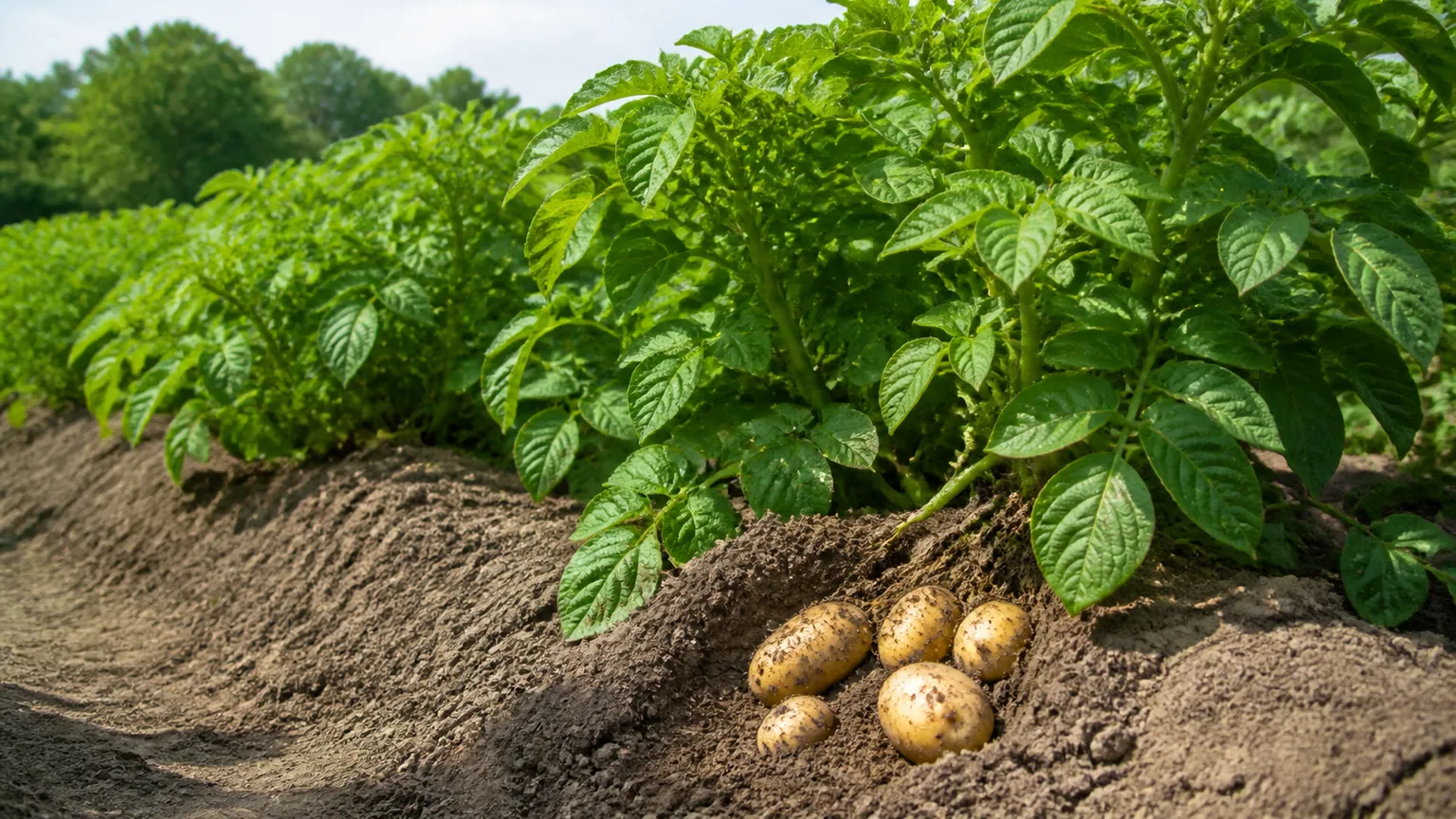 Healthy potato plants growing in outdoor garden rows with harvested tubers