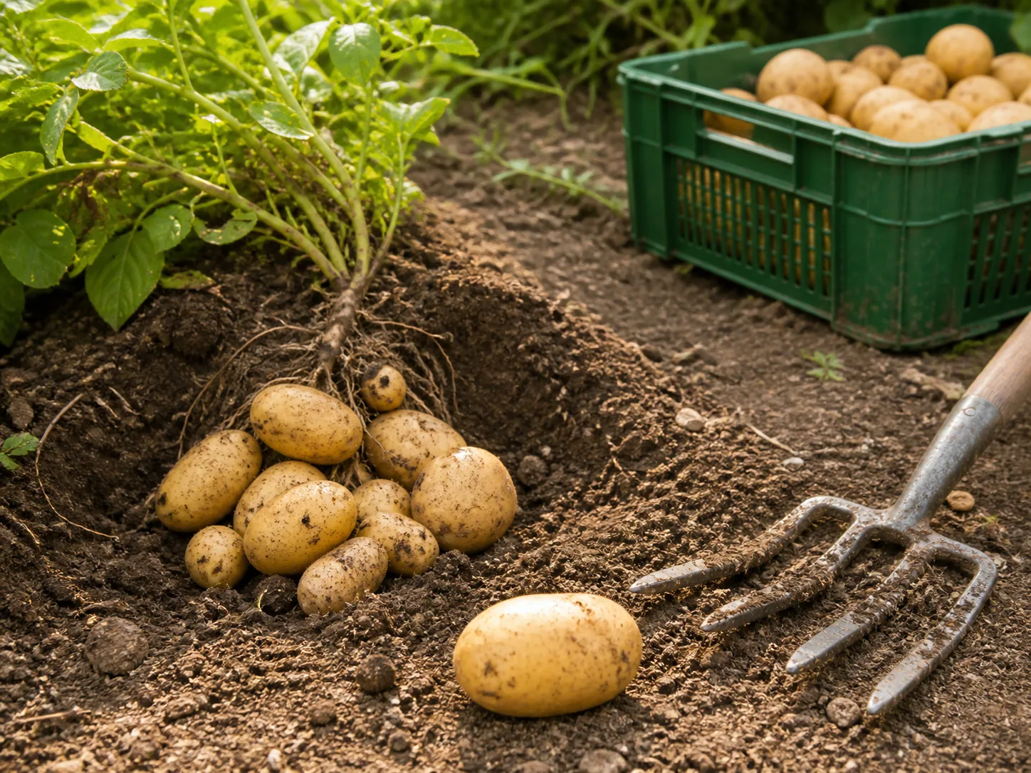 Freshly harvested potatoes lifted from the soil beside a garden fork, illustrating why the harvest zone must stay clear
