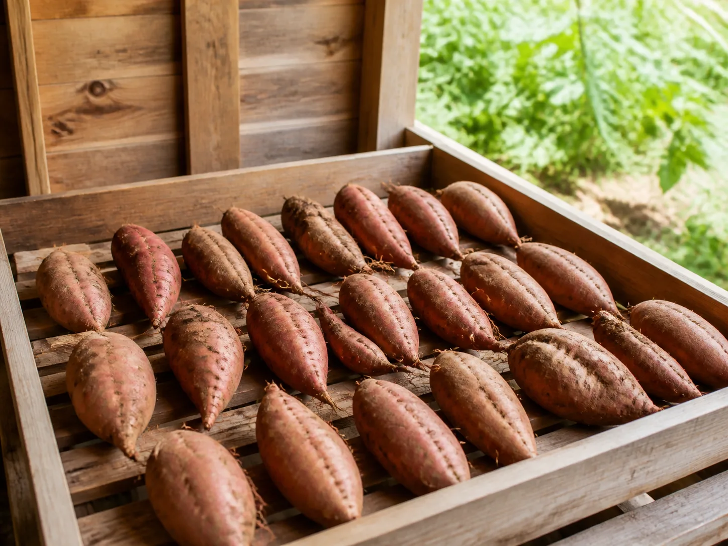 Freshly harvested sweet potatoes arranged for curing